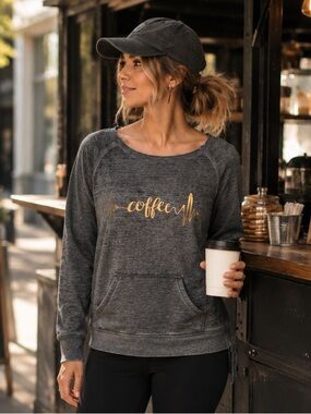 Zobha Heartbeat Metallic Coffee Graphic Gray Women's Sweatshirt Pouch Pocket L